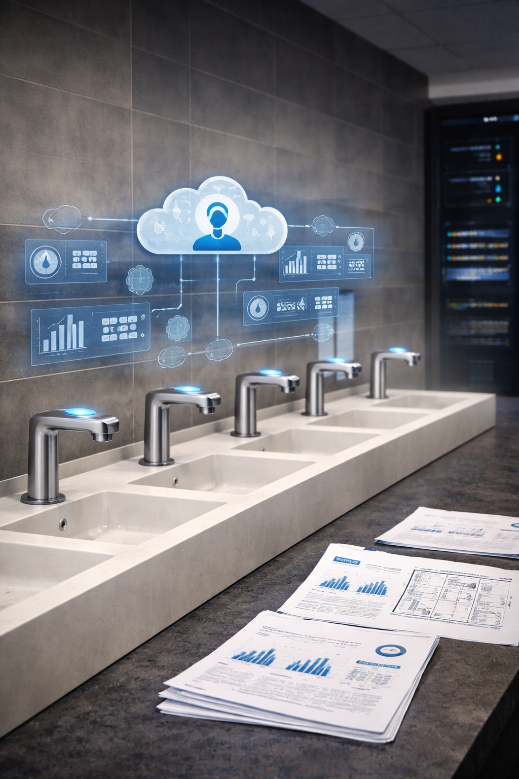 Chrome touchless faucet used as a connected fixture reference model